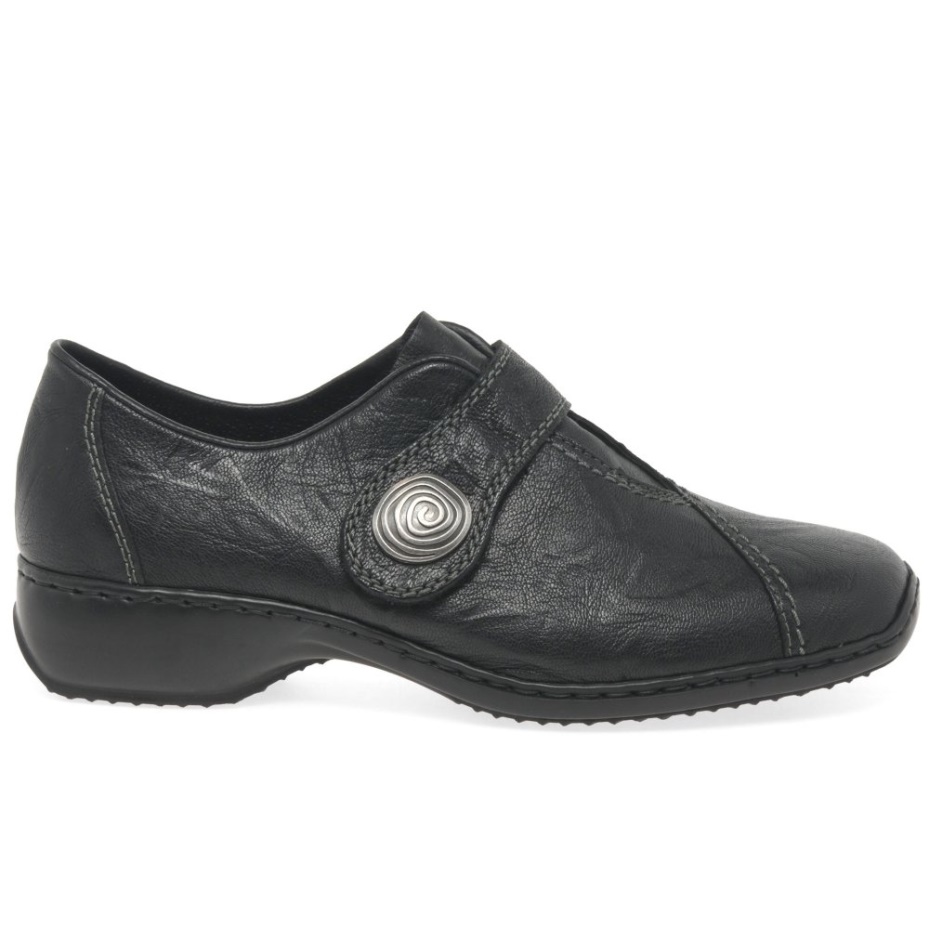 Rieker Swanky Ladies Rip Tape Fastening Leather Shoes Black