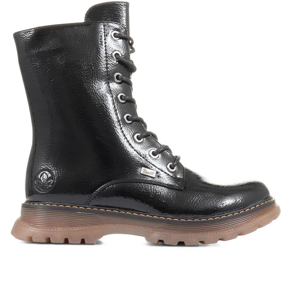 Rieker Black Patent Lace-Up Calf Boots