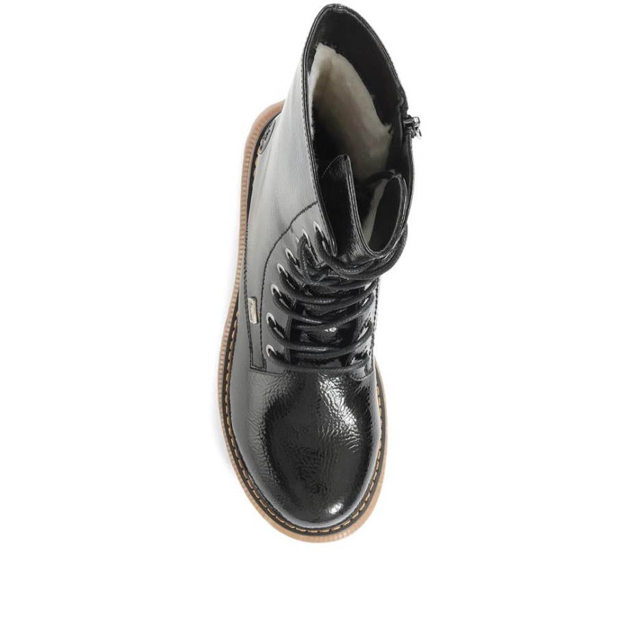 Rieker Black Patent Lace-Up Calf Boots