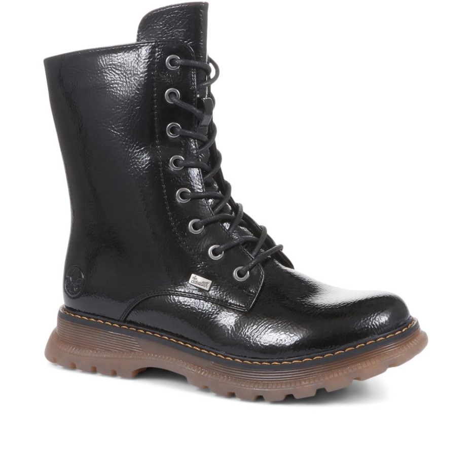 Rieker Black Patent Lace-Up Calf Boots